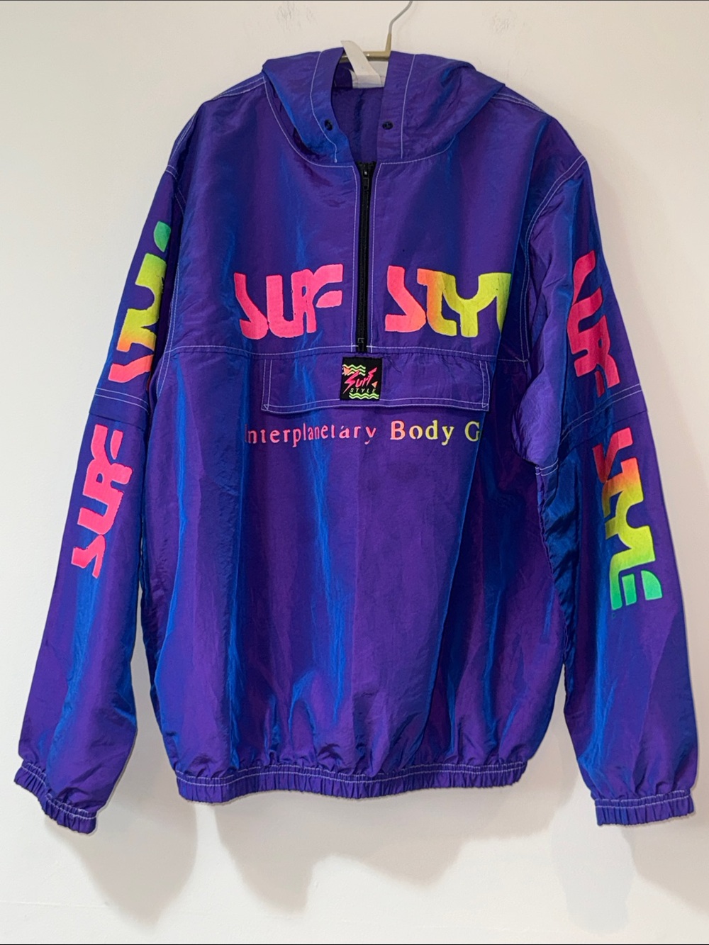 surf style Purple Pullover Windbreaker with Neon Pink, Yellow & Green Graphics